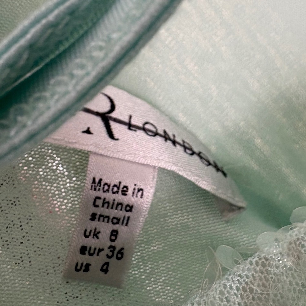 Rare London Mint Green Sequin Cowl Back Bell Sleeve Mini Dress Size Small US 4 - Picture 8 of 8